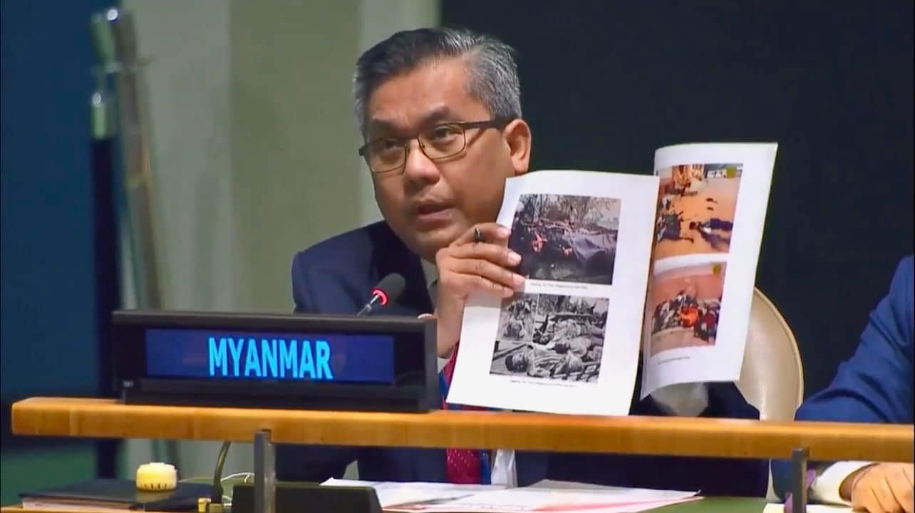 ကုလသမဂ္ဂ အစည်းအဝေးမှာ တာတိုင်ရွာနှင့်နမ့်နိန်ဖြစ်စဉ်အပါအဝင်အစုလိုက်အပြုံလိုက်သတ်ဖြတ်မှုများ ဦးကျော်မိုးထွန်းတင်ပြ
