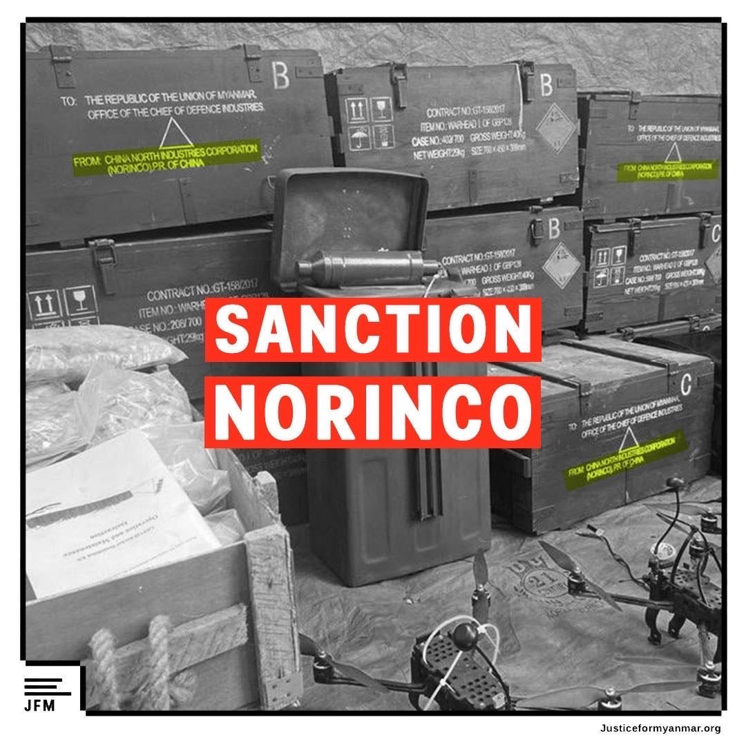 တရုတ်နိုင်ငံပိုင် စစ်လက်နက်ကုမ္ပဏီ NORINCO အား နိုင်ငံတကာရာဇဝတ်မှုများတွင် ကြံရာပါပတ်သက်မှုအတွက် ဒဏ်ခတ်ပိတ်ဆို့မှုများ ပြုလုပ်ရန်တောင်းဆို
